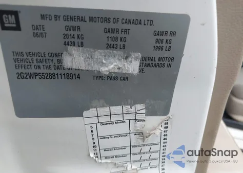 2008 Pontiac Grand Prix z USA, uszkodzony, nr VIN 2G2WP552881118914